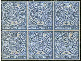 2 Gr. ultramarin, waagerechter 6er-Block, farbfrisch und gut durchstochen ungebraucht. Durchstich teils leicht gestützt, sons