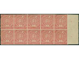 1 Gr. karmin, waagerechter 10er-Block vom Rechen Bogenrand mit Reihenzähler und "8" und "9", farbfrisch und gut durchstochen,