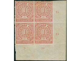 1 Gr. karmin, Viererblock aus der rechten unteren Bogenecke mit Reihenzähler "14"-"15"und "9"-"10", farbfrisch und gut durchs