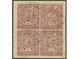 ¼ Gr. braunviolett im Viererblock, sowie 6 weitere Werte ex Mi. 5-12 mit Stempeldaten aus der Reichspostzeit. Teils kleine Mä