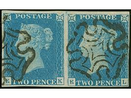 1840, QV 2d. blue, plate 2, horizontal pair, lettered EK-EL, four mostly good margins, cancelled with Maltese Cross in black,