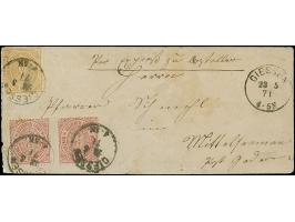 18 Kr. ocker, zwei Einzelwerte, in Mischfrankatur mit 2 Einzelwerten 3 Kr. gezähnt, mit EKr. "GIESSEN 23 5 71" auf rückseitig