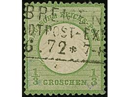 ⅓ Gr. gelblichgrün mit Plattenfehler “Kreisbruch links in Höhe der 11. Strichleiste” (Feld 141), klar mit Rahmenstempel “BREM