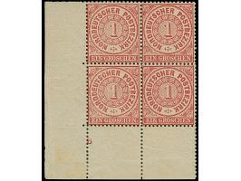 1 Gr. karmin, 2 Viererblocks aus der linken unteren Bogenecke mit Plattenzeichen "B" bzw. "E", postfrisch, einmal Falzspur nu