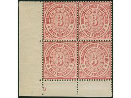 3 Kr. rosa im Viererblock aus der linken unteren Bogenecke mit Plattenkennzeichen "B", ungebraucht, das untere Paar postfrisc