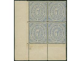 7 Kr. graublau im Viererblock aus der linken unteren Bogenecke mit Plattenkennzeichen "A", postfrisch. Vorderseitig ganz leic