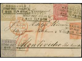 ¼ Gr. grauviolett, ½ Gr. orange, 1 Gr. karmin und zwei Einzelwerte 5 Gr. ocker, mit Ra3 "HANNOVER STADT-POST-EXP. NO. 1 8/10 