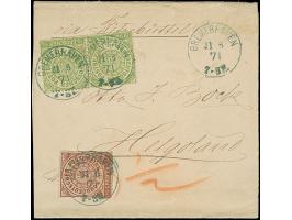 ¼ Groschen bräunlichlila in Mischfrankatur mit gezähnter Ausgabe waagrechtes Paar 1/3 Groschen grün, mit EKr. "BREMERHAVEN 21