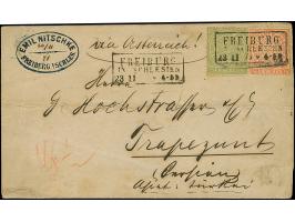 ⅓ Gr. grün und ½ Gr. orange, mit Ra3 "FREIBURG/IN SCHLESIEN/23 11 71" auf Drucksache mit Leitvermerk "via Österreich!" nach T