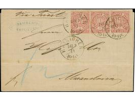 1 Gr. karmin, 3 Einzelwerte als Streifen geklebt, mit jeweils sauber auf- und nebengesetztem EKr. "HAINICHEN 16/9 71" auf Bri