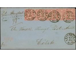 1 Gr. karmin im waagerechten 5 er Streifen, mit Hannover-DKr. Einbeck 13/11 (1871) auf recommandirtem Briefkuvert als "Post-M