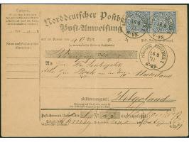 2 Groschen blau im senkrechten Paar, mit EKr. “HAMBURG POSTEXPED. 1. 16 8 71” auf Postanweisung der 2. Gebührenstufe (25-50 T