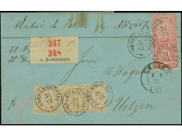 1 Gr. karmin, 2 Einzelwerte in unterschiedlichen Nuancen, davon eine fehlerhaft aufgeklebt (Portmonee-Marke), mit 3 Werten 5 