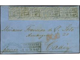 7 Kr. graublau, waagerechtes Paar und 4 Einzelwerte mit Ra3 "SONNEBERG IN SACHS.MEIN. HILDBURGH. 8 10 71" auf Briefvorderseit