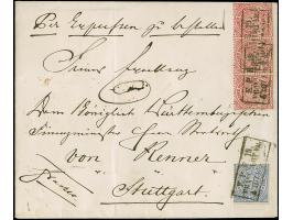 3 Kr. karmin, waagerechter Dreierstreifen, und 7 Kr. Graublau, mit Ra. "E.P.B. 18/FRANKFURT A.M./ 6 10 71" auf Express-Briefk