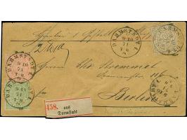 18 Kr. ocker, 1 Kr. grün und 2 Kr. orange mit klar auf- und nebengesetztem EKr. "DARMSTADT 9 10 71" auf Paketbegleitbrief nac