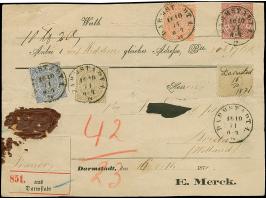 18 Kr. ockerbraun mit 2 Kr. orange, 3 Kr. karminrosa, 7 Kr. grauultramarin in Mischfrankatur mit Innendienstmarke 10 Gr. gelb