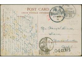 “COLLECT POSTAGE 04 CENTS”, excellent strike applied on arrival to unfranked postcard from “SWATOW 22 OCT 15” (Shantou) via “