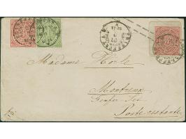 Umschlag 3 Kr. auf Preußen 2 Kr. orange, mit Zufrankatur 1 Kr. grün und 3 Kr. karmin, mit EKr. "FRANKFURT A.M. SACHSENHAUSEN 