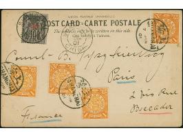 1 c. ocher, four singles neatly tied by cds “SHANGHAI 7 JUN 01” to postcard to Paris, France, handed over to the French Offic