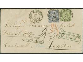 ⅓ Gr. grün und 2 Gr. blau, mit sauber auf- und nebengesetztem DKr. Köln Bahnhof 18 11 (1871) auf Briefkuvert nach London. Da 