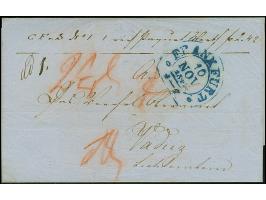 1849, Paketbegleit-Briefhülle mit blauem Hufeisenstempel “FRANKFURT 10 NOV.1849” nach Vaduz im Fürstentum Liechtenstein. Sehr