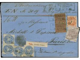 10 Sgr. rosa im &nbsp;Paar (links übliche Scherentrennung) mit 6 Pfg. orange und vier Einzelwerten 2 Sgr. ultramarin (zwei We