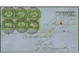 4 Pfg. grün im senkrechten 6er-Block, die mittlere Marke rechts leicht angeschnitten und die darunter liegende Marke oben lei