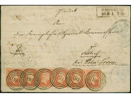 ½ Sgr.&nbsp; orange im waagerechten 6er-Streifen, farbfrisch, 2 Werte unten leicht berührt, sonst voll- bis breitrandig, mit 