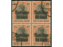 1918, 40 bani auf 30 Pfennig, Viererblock, dabei die linke obere Marke mit Zwischenraumabart, sauber gestempelt, tadellos, Fo