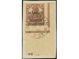 1920, Aufdruckausgabe Germania 15 Pfennig braunrot, aus der rechten unteren Bogenecke mit komplettem, gezähnten Leerfeld in M