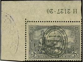 1920, Aufdruckausgabe im Hochoval 3 Mark mit kopfstehendem Aufdruck, aus der rechten unteren Bogenecke mit Aufdruck-HAN “H 21