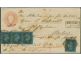 2 Sgr. auf blau im waagerechten 3er-Streifen (rechte Marke kurz berührt) und Einzelstück, mit Nr. "183" als Zufrankatur auf G