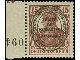 1920, Aufdruckausgabe im Hochoval 15 Pfennig karminbraun, rechtes Seitenrandstück mit kopfstehender, dreistelliger Zählnummer