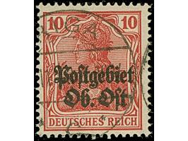 1916, Germania 10 Pfennig dunkelrot, farbfrisch und hervorragend gezähnt, sauber mit Stempel “RIGA 11.18 9-10V.” entwertet, t