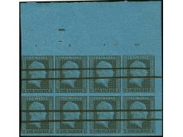 2 Sgr. auf blau im 8er-Block aus der rechten oberen Bogenecke, links noch voll-, sonst breitrandig, oben mit komplettem Bütte