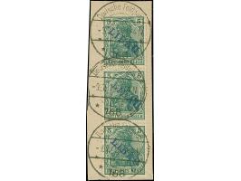 1919, Aufdrucktype I: Germania 5 Pfennig schwärzlichbläulichgrün, senkrechter Dreierstreifen, farbfrisch und gut gezähnt, sau
