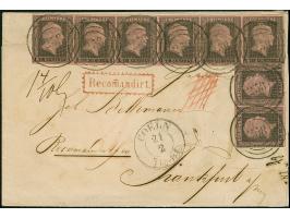 1 Sgr. auf rosa im waagerechten 6er-Streifen, voll- bis breitrandig, zusammen mit waagerechtem Paar, dieses nur links leicht 