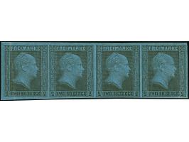 2 Sgr. auf blau im waagerechten 4er-Streifen, farbfrisch und voll- bis breitrandig, ungebraucht mit Originalgummi. Die äußere