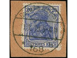 1919, Aufdrucktype I: Germania 20 Pfennig kobalt bzw. dunkelviolettblau, je farbfrisch und gut gezähnt, sauber gestempelt auf