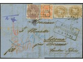 3 Pfg. graulila, 6 Pfg. orange und senkrechtes Paar 3 Sgr. ocker, mit Ra3 "BARMEN RITTERSHAUSEN 19 9" (1867) auf Briefhülle n