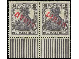 1919, Aufdrucktype II, roter Aufdruck: Germania 15 Pfennig schwarzviolett, waagerechtes Unterrand-Kehrdruckpaar, dabei die li