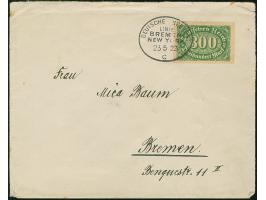 “DSP LINIE BREMEN-NEW YORK c 23.5.23” (D. Bremen) klar auf Ziffer 300 M. mit Wasserzeichen 1 auf Brief nach Bremen. Der Umsch