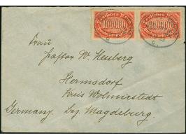 “DSP LINIE BREMEN-NEW YORK c 14.9.23” (D. Bremen), zweimal klar auf waagerechtem Paar Ziffer 100000 M. mit Wasserzeichen 2 au