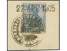 “D. WILLEHAD NDL BREMEN” Dienstsiegel in Schwarz auf Germania 20 Pfg. auf Briefstück mit übergehendem Datums-L1 "27.APR.1905)