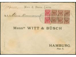1890, Krone/Adler 50 Pfg. lebhaftrötlichbraun im waagerechten 6er-Block und senkrechtes Paar 10 Pfg. lebhaftlilarot je mit St