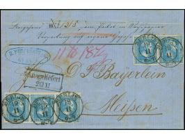 2 Sgr. blau, waagerechter Dreierstreifen und 2 Einzelwerte, davon einer mit Plattenfehler 'I nach links geneigt', alle voll- 