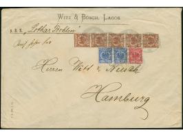 “DSP LINIE HAMBURG-WESTAFRIKA XV. 27.10.96” (D. Lothar Bohlen) mehrfach recht klar auf senkrechten, leicht angetrennen 5er-St