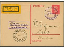 “LUFTPOST D. WESTFALEN 6.JUNI.1933” klar auf D. Reich Ganzsachenkarte 15 Pfg. mit violettem Ra3 “1. Flug vom Katapultdampfer 