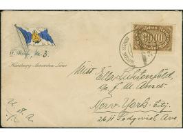 “DSP HAMBURG-AMERIKA-LINIE 29.8.23” (D. Toledo) klar auf Ziffer 3000 M. auf Vordruckbrief der Hamburg-Amerika Linie mit kompl